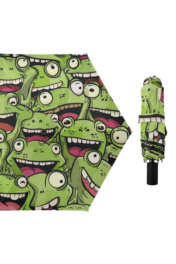 Funny Cartoon Frogs Face Compact Sun Umbrella Windproof Travel Umbrellas for Rain Strong Portable UV Protection