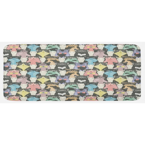 Funny Cartoon Kitchen Mat, Theme of Playful Hipster Cats with Glasses Colorful Dotted Designed Print, Plush Decorative Kitchen Mat with Non Slip Backing, 47" X 19", Multicolor, by Ambesonne