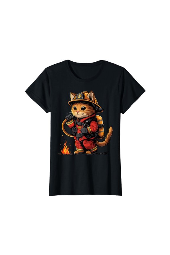 Funny Cartoon Kitten Firefighter T-Shirt for Animal Lovers and Humor Enthusiasts