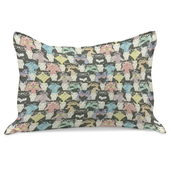 Funny Cartoon Knitted Quilt Pillowcover, Theme of Playful Hipster Cats with Glasses Colorful Dotted Designed Print, Standard King Size Pillow Cover for Bedroom, 30" x 20", Multicolor, by Ambesonne