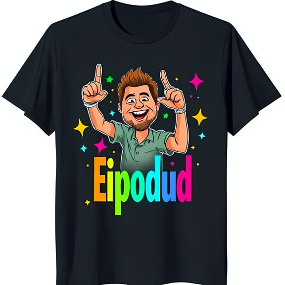 Funny Cartoon Man with & Rainbow Stars Dark Blue T-Shirt