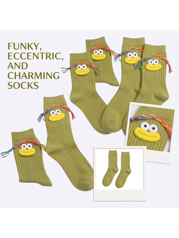 Funny Cartoon Mid Calf Socks Ugly Cute Big Mouth Crew Socks with Braided Hair Novelty 3D Eyes Cotton Breathable Casual Socks for Daily Wear
