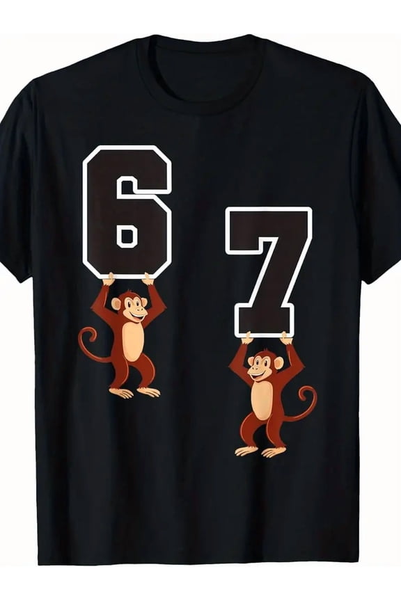 Funny Cartoon Monkeys Holding Number 67 for Men Casual Crew Neck T-Shirt