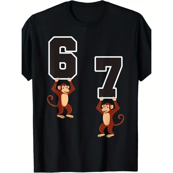 Funny Cartoon Monkeys Holding Number 67 for Men Casual Crew Neck T-Shirt