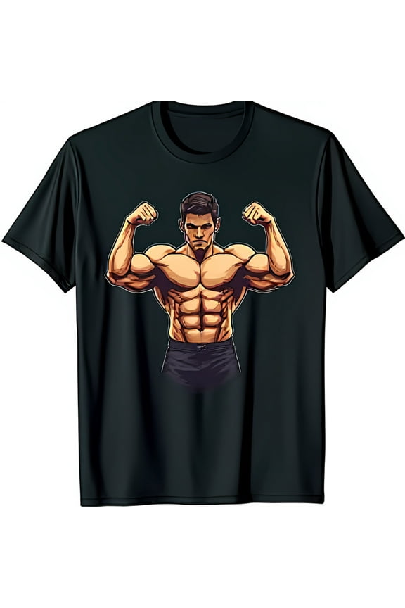 Funny Cartoon Muscle Man Flexing Biceps Graphic Black T-Shirt for Fitness Lovers