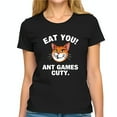 thumbnail image 1 of Funny Cartoon Orange Cat Graphic Black Cotton Short Sleeve T-Shirt - " EAT YOU ANT GAMES CUTY " - Perfect for Cat Lovers, 1 of 5