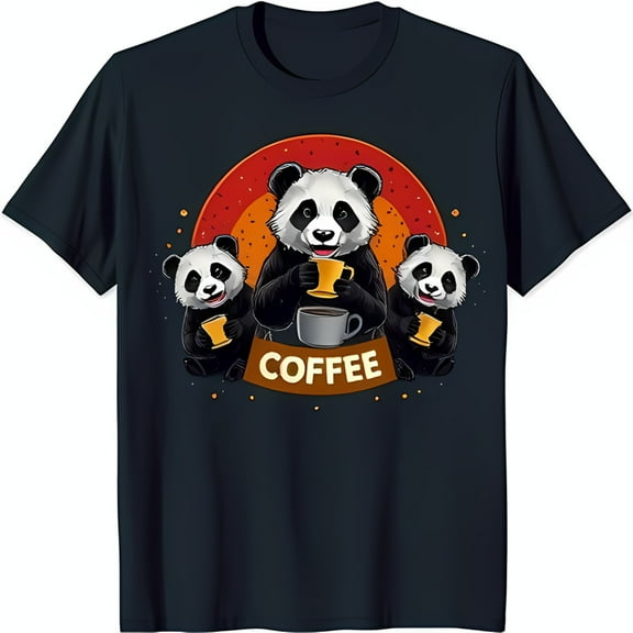 Funny Cartoon Pandas Coffee Break Graphic on Black T-Shirt for Fun Style