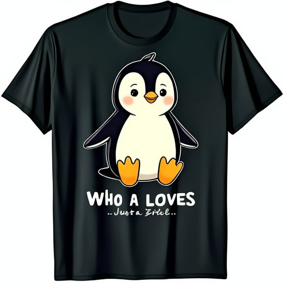Funny Cartoon Penguin Black T-Shirt Who A Loves Just A Bittel Graphic Tee