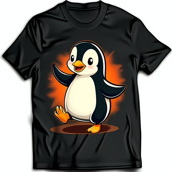 Funny Cartoon Penguin Black T-Shirt for & Adults Cute Animal Design