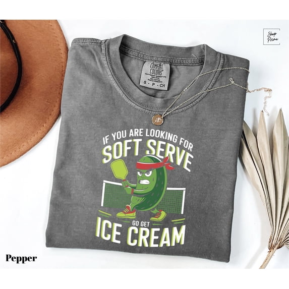 Funny Cartoon Pickle with Paddle Comfort Colors Soft Serve Pickleball T-Shirt, Fun Sports Fan Gift