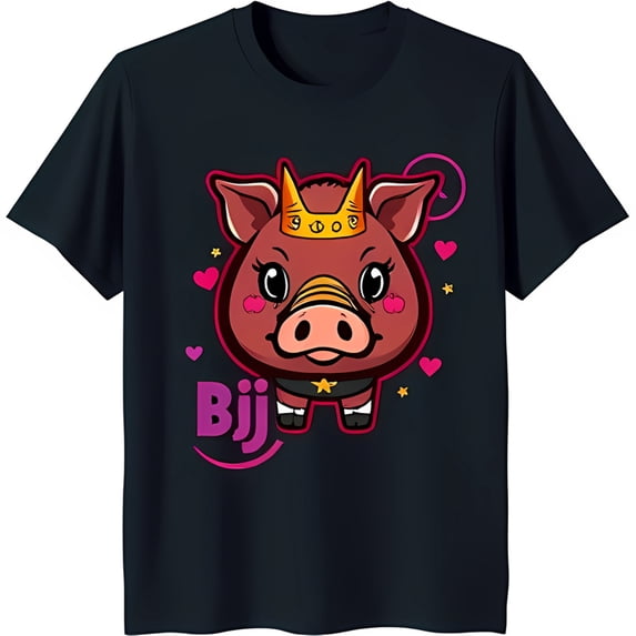 Funny Cartoon Pig Crown T-Shirt Bjj Design with Hearts & Stars Black Tee