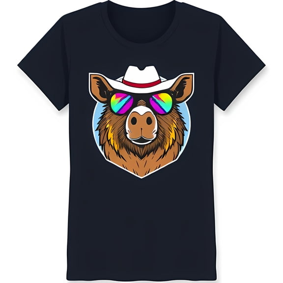 Funny Cartoon Pig in Rainbow Sunglasses & Red Hat Dark Blue T-Shirt