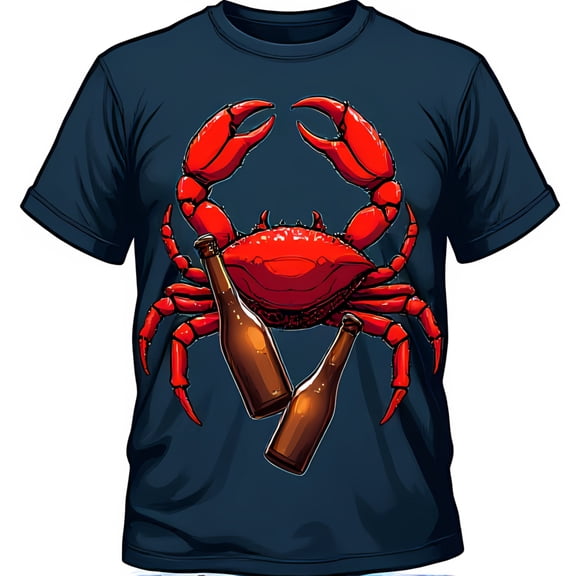 Funny Cartoon Red Crab Holding Bottles Dark Blue T-Shirt for Beach Lovers