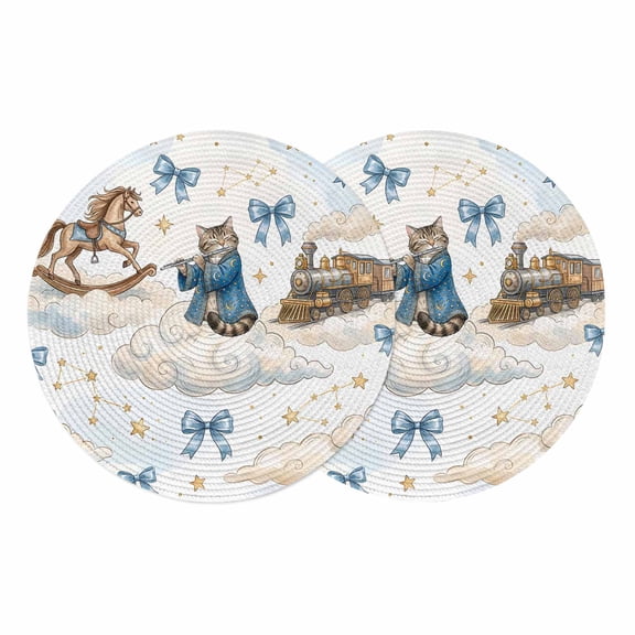 Funny Cartoon Round 13 Inch Placemats Set of 2, Blue Cute Cat Train Cloud Star Bow Knot HeatResistant Non Slip Place Mats for Dining Table, Wipeable Braided Kitchen Table Mats for Housewarming