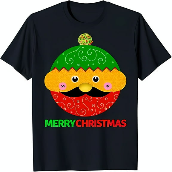 Funny Cartoon Santa Black T-Shirt Merry Christmas Graphic Tee with Colorful Design