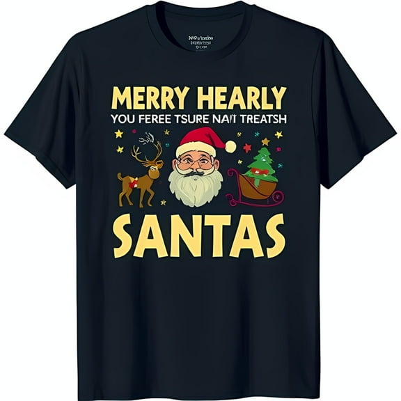 Funny Cartoon Santa Claus T-Shirt with Reindeer & Christmas Tree Merry Hearly You Feree Tsure Naht Treatsh Santas