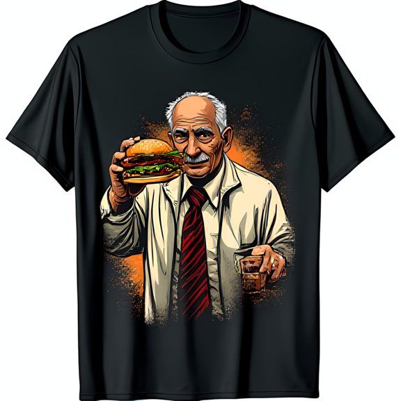 Funny Cartoon Scientist Enjoying Burger & Drink Black T-Shirt Graphic