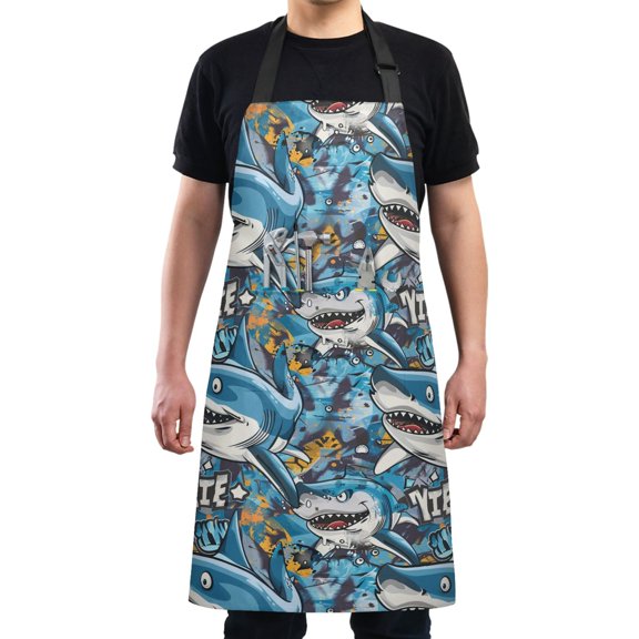 Funny Cartoon Sharks Kitchen Apron with 2 Pockets Adjustable waterproof Cooking Aprons for Women Men Chef