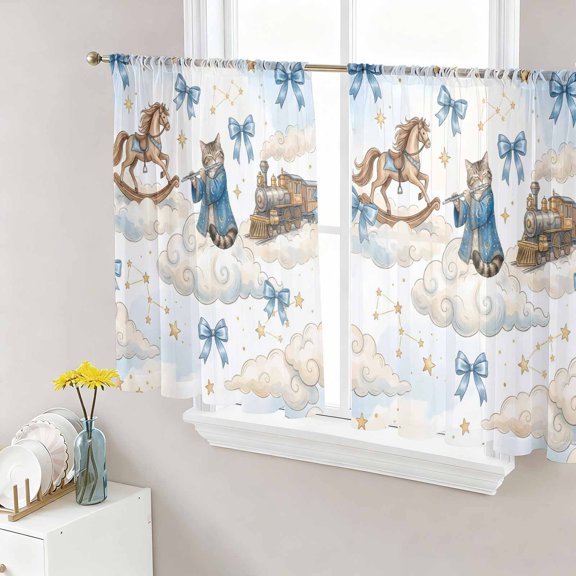 Funny Cartoon Sheer Curtains 45 Inch Length 2 Panels Set, Blue Cute Cat Train Cloud Star Bow Knot Voile Window Treatment Rod Pocket Small Kitchen Curtains Drapes for Bedroom 52"x45"x2
