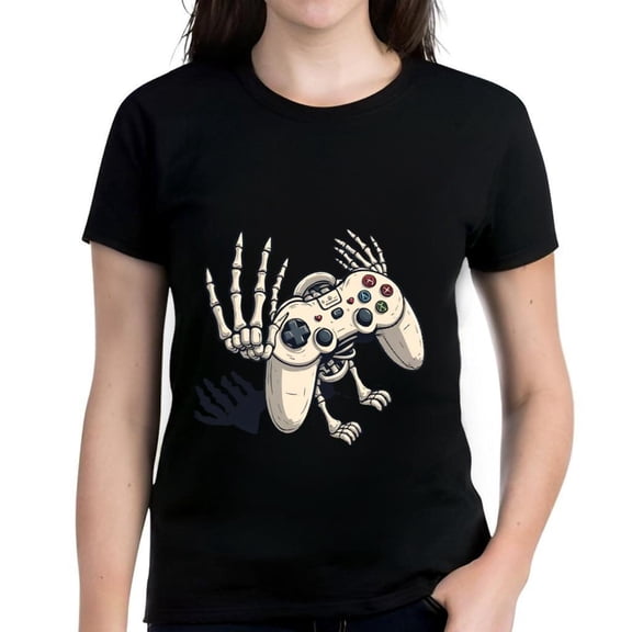 Funny Cartoon Skeleton Controller Cotton Short Sleeve T-Shirt - Playful Design for Gamers