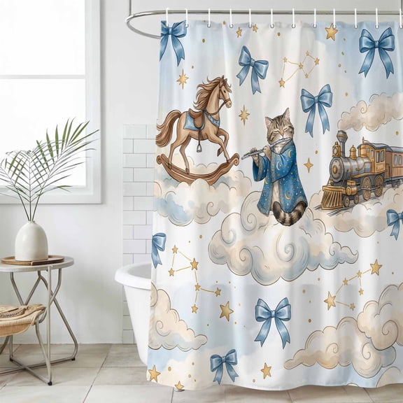 Funny Cartoon Small Stall Shower Curtain, Waterproof Shower Curtains for Bathroom, Blue Cute Cat Train Cloud Star Bow Knot Washable Fabric Cloth Bath Curtain for Bathtub with Hooks 36x72 Inches