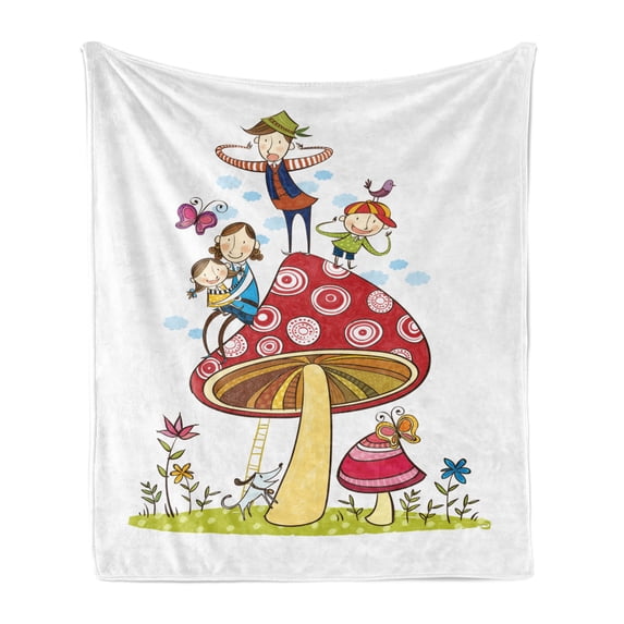 Funny Cartoon Soft Flannel Fleece Throw Blanket, Portrait of a Happy and Funky Family on a Large Mushroom Dog Butterflies, Cozy Plush for Indoor and Outdoor Use, 50" x 60", Multicolor, by Ambesonne