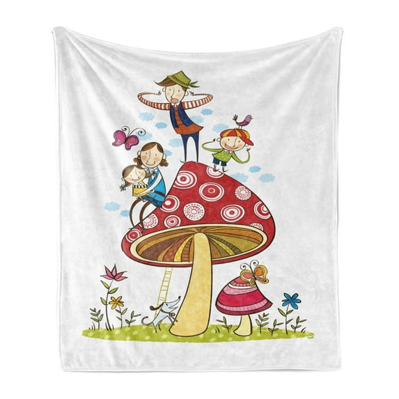 Funny Cartoon Soft Flannel Fleece Throw Blanket, Portrait of a Happy and Funky Family on a Large Mushroom Dog Butterflies, Cozy Plush for Indoor and Outdoor Use, 70" x 90", Multicolor, by Ambesonne