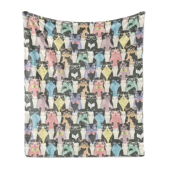Funny Cartoon Soft Flannel Fleece Throw Blanket, Theme of Playful Hipster Cats with Glasses Colorful Dotted Designed Print, Cozy Plush for Indoor and Outdoor Use, 50" x 60", Multicolor, by Ambesonne
