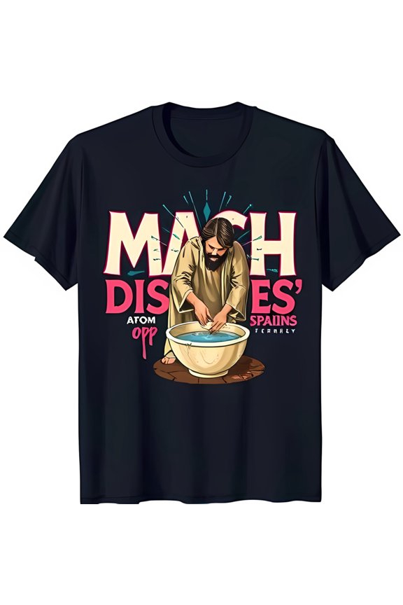 Funny Cartoon T-Shirt with Bearded Man in Robe & Water 'MACH DISHES' Design