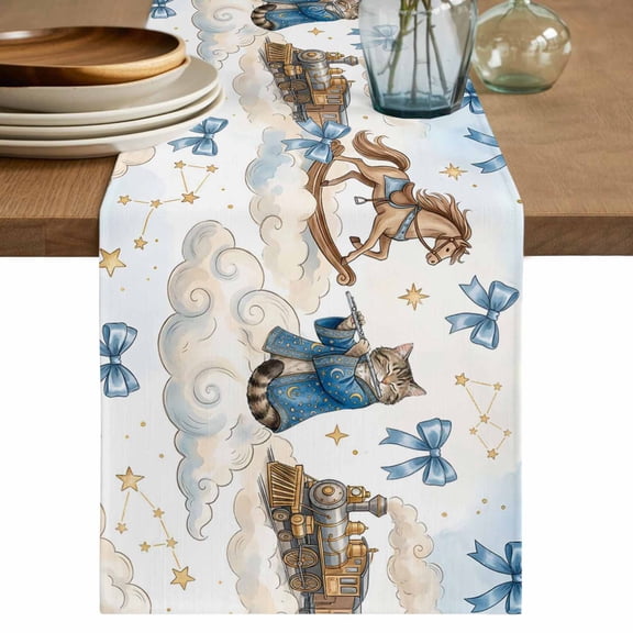 Funny Cartoon Table Runner, Blue Cute Cat Train Cloud Star Bow Knot Washable Cotton Linen Table Runners 36 Inches Long, Dresser Scarf Runner for Nightstand/End Tables/Round Tables 13''x36''