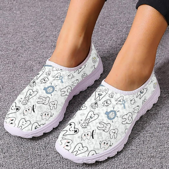 Funny Cartoon Teeth Print Women Summer Mesh Shoes White Soft Sole Brand Slip On Casual Sneakers Zapatos Planos