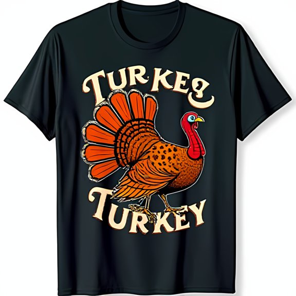 Funny Cartoon Turkey Black T-Shirt for Thanksgiving Festive Turkey Design with Bold TURKEY Text
