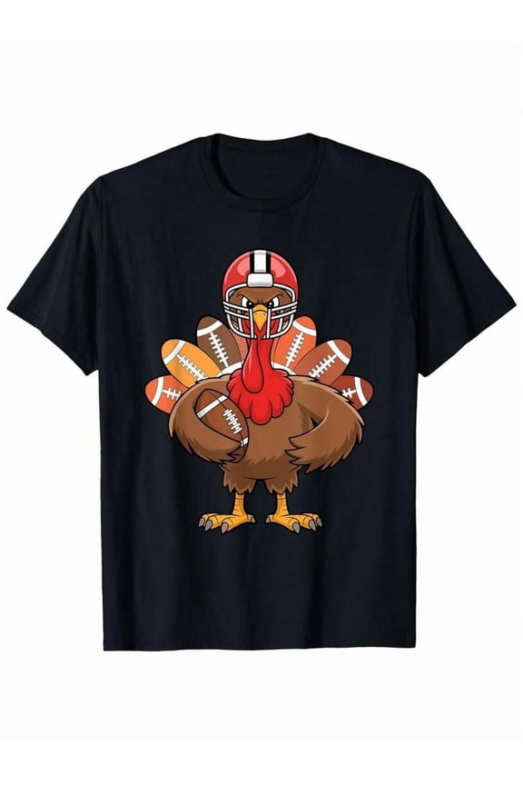 Funny Cartoon Turkey Football Player Graphic T Shirt Men's Comfort Fit Cotton Crewneck Tee For Thanksgiving Sports Events & Casual Wear Black S XXXL