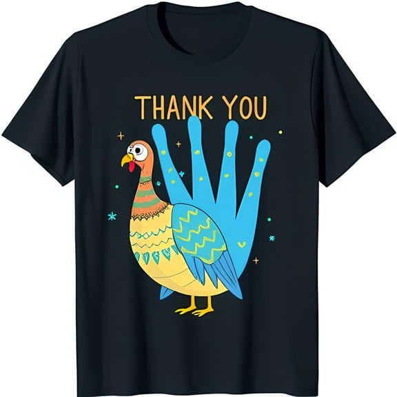 Funny Cartoon Turkey T-Shirt with Blue Hand Print Cape 'THANK YOU' Graphic Tee