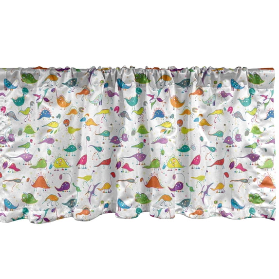 Funny Cartoon Window Valance Pack of 2, Colorful Design and Shapes of Dinosaur Motifs Doodle Animal Drawings, Rod Pocket Curtain Valances for Kitchen Bedroom, 54" X 12", Multicolor, by Ambesonne