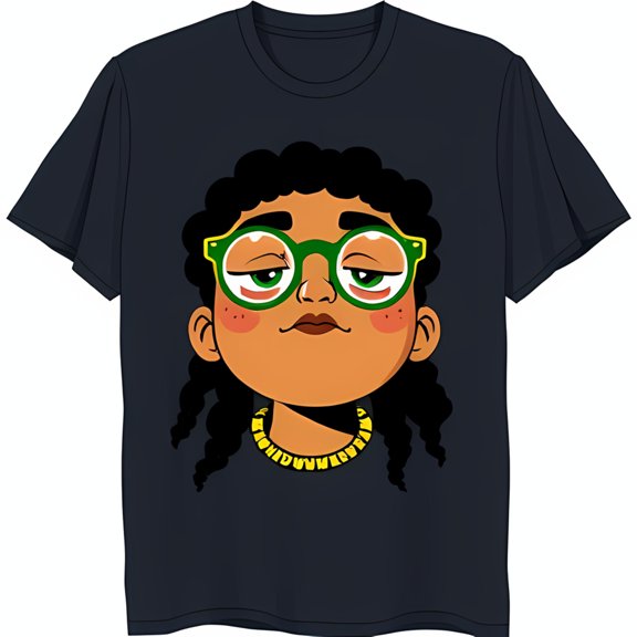 Funny Cartoon Young Woman with Curly Hair & Glasses Dark Blue T-Shirt
