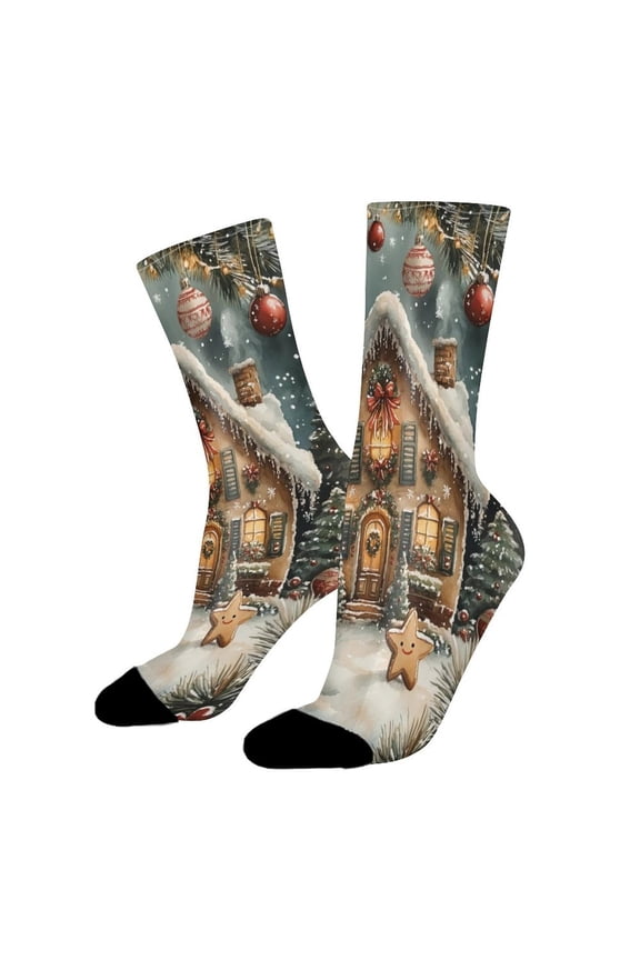 Funny Casual Cotton Socks for Men Women,Green Christmas Gingerbread House Xmas Tree Pine Tree Ornaments Unisex Novelty Printed Crew Hiking Socks