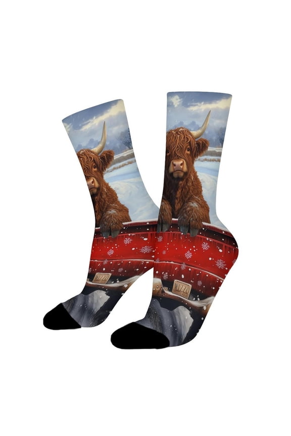 Funny Casual Cotton Socks for Men Women,Highland Cow Brown Cow in Red Truck Unisex Novelty Printed Crew Hiking Socks
