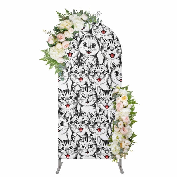 Funny Cat Arch Backdrop Cover 5FT, Abstract Cartoon Cute Animals Printed Spandex Fitted Stretchy Arch Stand Covers, Round Top Chiara Backdrop Cover for Wedding Party Birthday Baby Shower