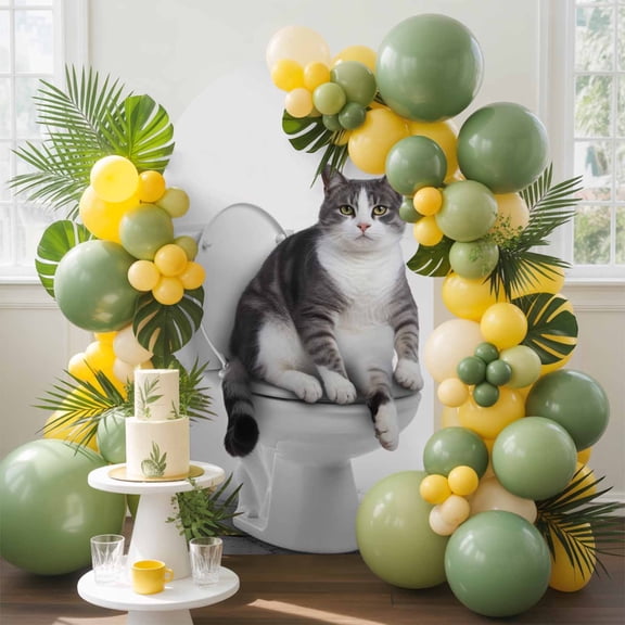 Funny Cat Arch Backdrop Cover, 6.6FT, Black White Animal Cat on Toilet Abstract Painting Spandex Arch Covers Double-Sided Backdrop for Wedding Birthday Party Photo Background Decoration