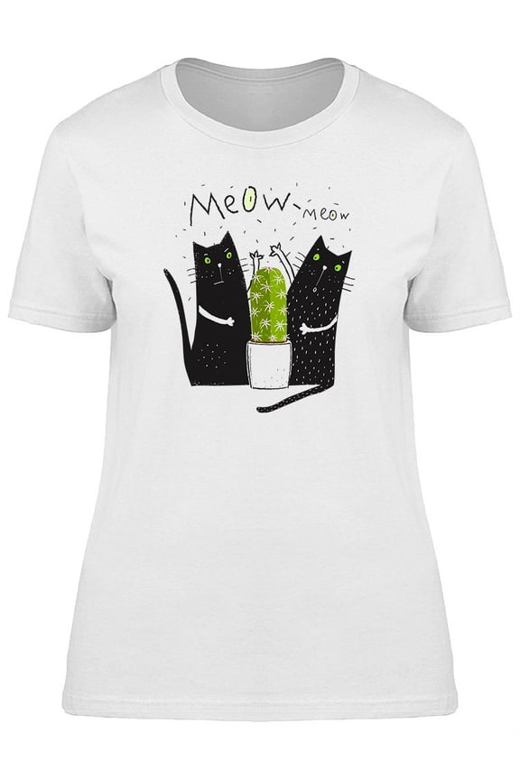 Funny Cat Art And Cactus Graphic T-Shirt Women -Image by Shutterstock, Female Small