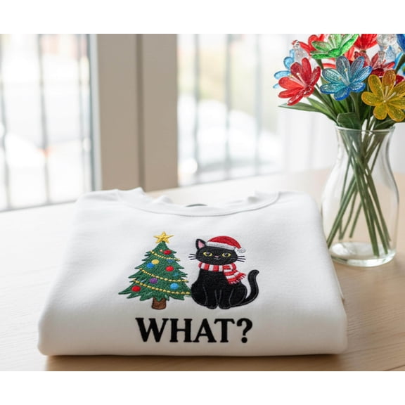 Funny Cat Asking What Christmas Embroidered Sweatshirt, Black Cat Holiday Crewneck, Cute Xmas Embroidery Shirt, Cat Lover Gift for Her