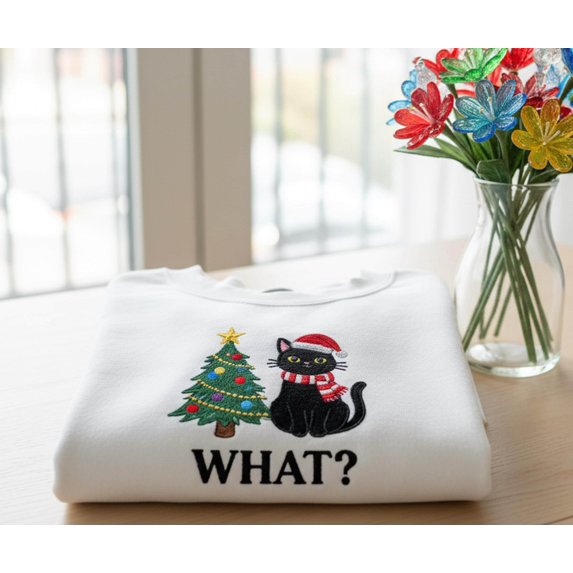 Funny Cat Asking What Christmas Embroidered Sweatshirt, Black Cat Holiday Crewneck, Cute Xmas Embroidery Shirt, Cat Lover Gift for Her
