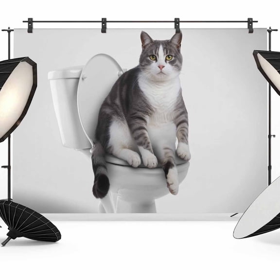Funny Cat Backdrop for Photography, Black White Animal Cat on Toilet Abstract Painting Photo Backdrop Portrait Background Party Banner Photo Backgrounds for Studio Booth Props, 10x8ft