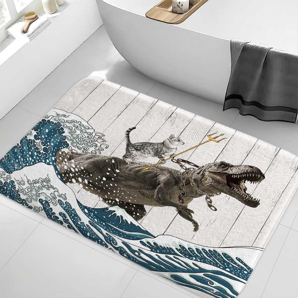 Funny Cat Bath Mat, Cool Cat Dinosaur Japanese Ocean Wave Decor Soft Bathroom Rugs, Rustic Wooden Barn Farmhouse Bath Mat, 17X48in