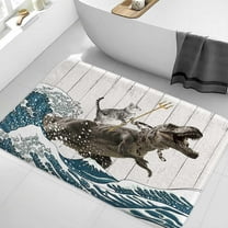 Funny Cat Bath Mat, Cool Cat Dinosaur Japanese Ocean Wave Decor Soft Bathroom Rugs, Rustic Wooden Barn Farmhouse Bath Mat, 19X31in