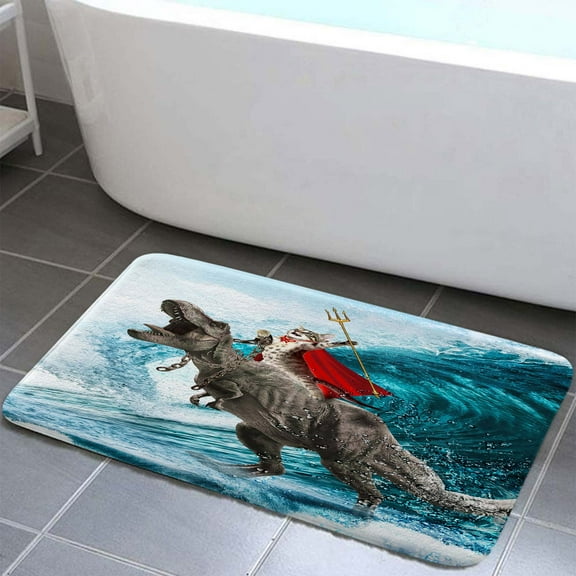 Funny Cat Bath Mat, Cute Kitty with Fish Riding Dinosaur Bath Rug for Bathroom, Hilarious Beach Ocean Kitchen Bath Mat Soft Non Slip Bath Rugs 17X29IN