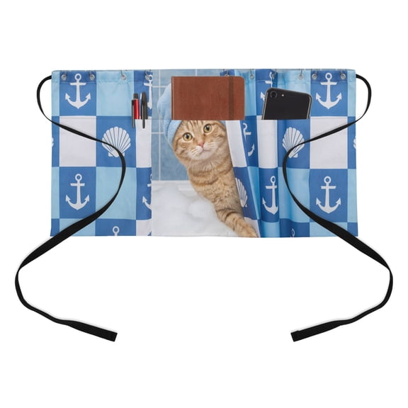 Funny Cat Bathing Kitchen Restaurant Half Waist Apron, Shell Anchors Towel Modern Abstract Server Short Apron with 3 Pockets Waterproof Oil Waist Aprons for Women Waitress Waiter