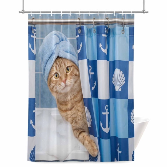 Funny Cat Bathing Shower Curtains for Bathroom, Shell Anchors Towel Modern Abstract Waterproof Fabric Shower Curtain for Bathroom Bathtub Decoration, Machine Washable 60"x72"