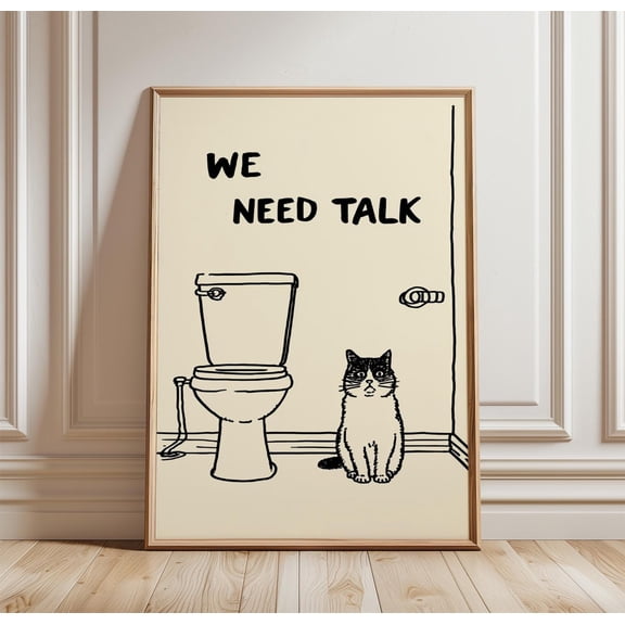 Funny Cat Bathroom Poster We Need Talk Print Humour Wall Art Minimal Line Drawing